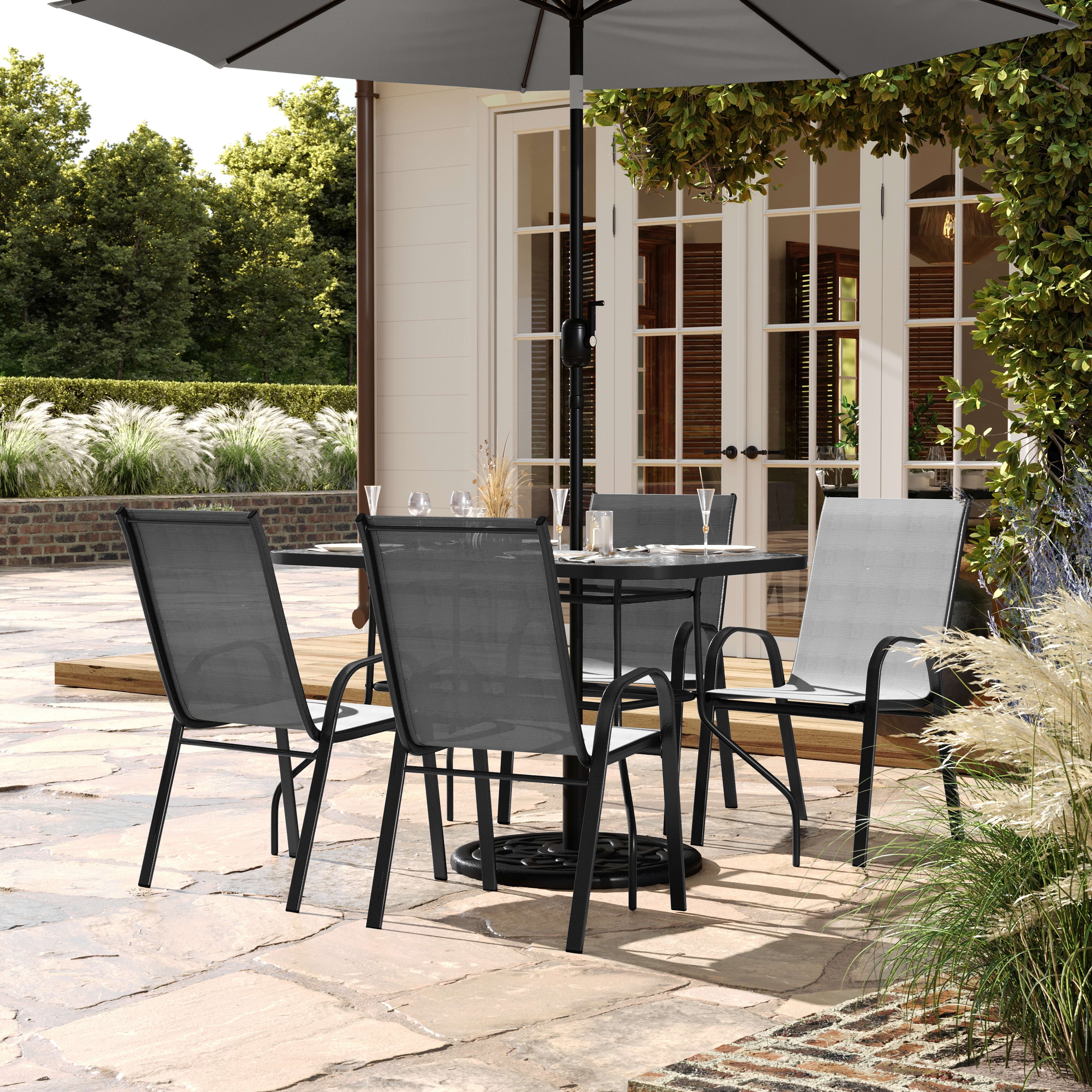 Gray Metal and Fabric 5-Piece Outdoor Dining Set with Glass Table