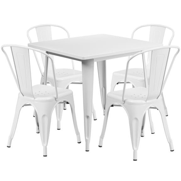 Flash Furniture 5-Piece Commercial Grade 31.5" Square Metal Dining Table and Chairs Set, White
