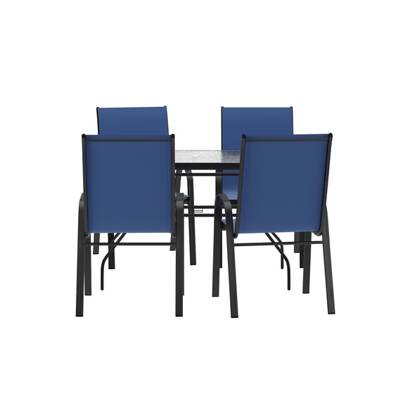 Flash Furniture 5 Piece Commercial Grade Patio Dining Set with Tempered Glass Patio Table with 4 Chairs with Navy Flex Comfort Material Seats and Backs