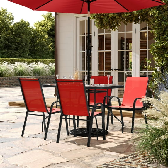 Flash Furniture 5 Piece Commercial Grade Patio Dining Set with Tempered Glass Patio Table with 4 Chairs with Red Flex Comfort Material Seats and Backs