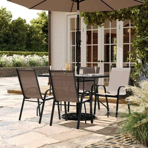 Flash Furniture 5 Piece Commercial Grade Patio Dining Set with Tempered Glass Brown