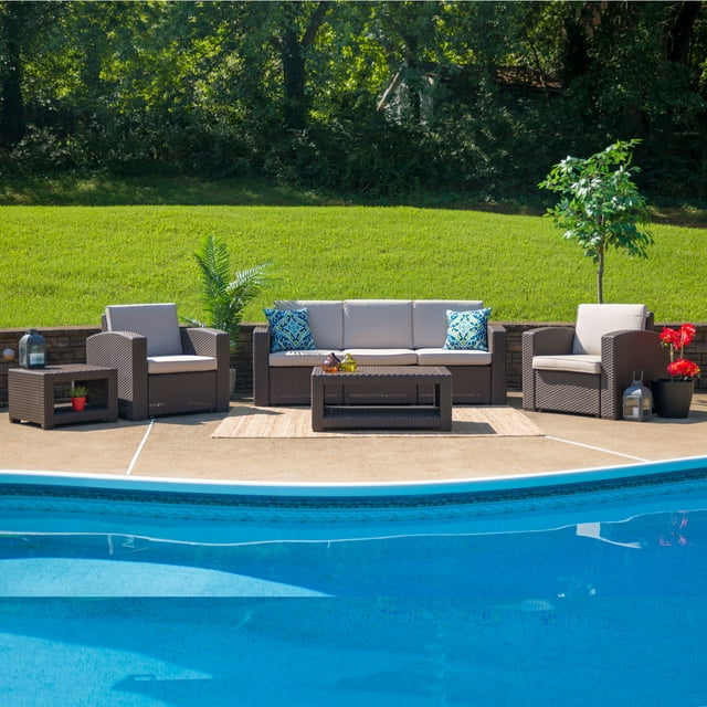 Flash Furniture 5 Piece Outdoor Faux Rattan Chair, Sofa and Table Set in Chocolate Brown