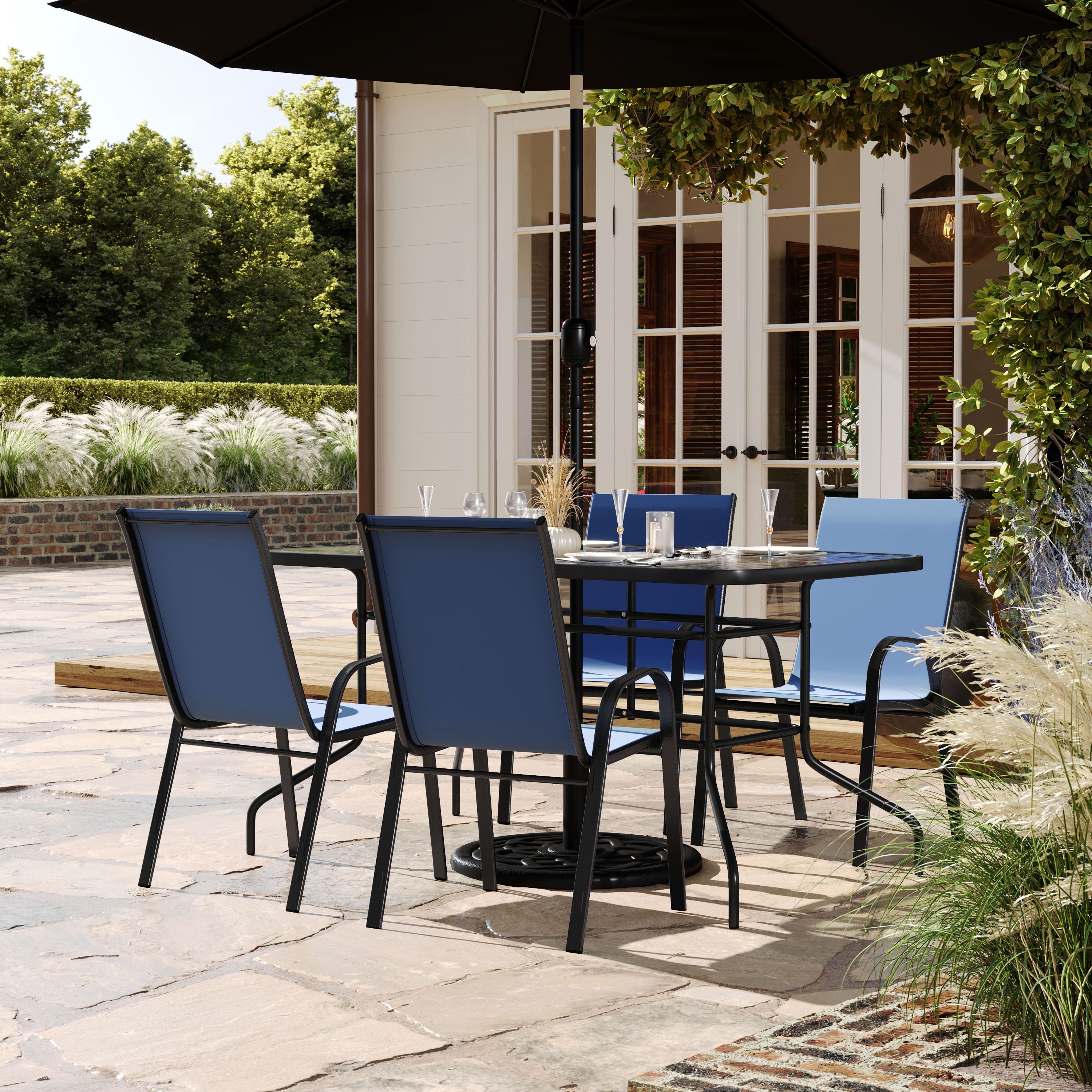 Navy and Black Metal 5-Piece Outdoor Patio Dining Set with Glass Table
