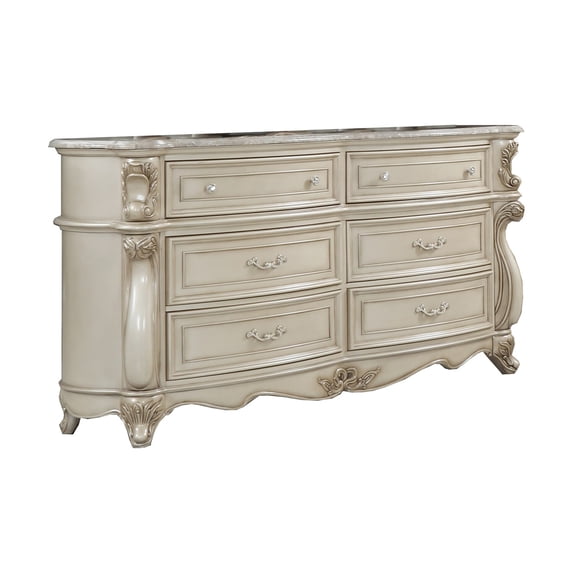 Flash Furniture 6 Drawer Marble Top Dresser with Carved Post and Cabriole Feet, White