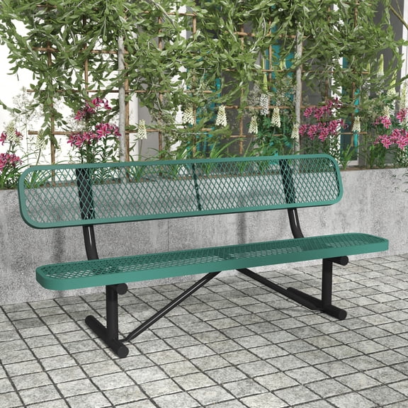 Flash Furniture 6' Outdoor Bench with Backrest, Commercial Grade Green Expanded Metal Mesh Seat and Backrest and Black Steel Frame