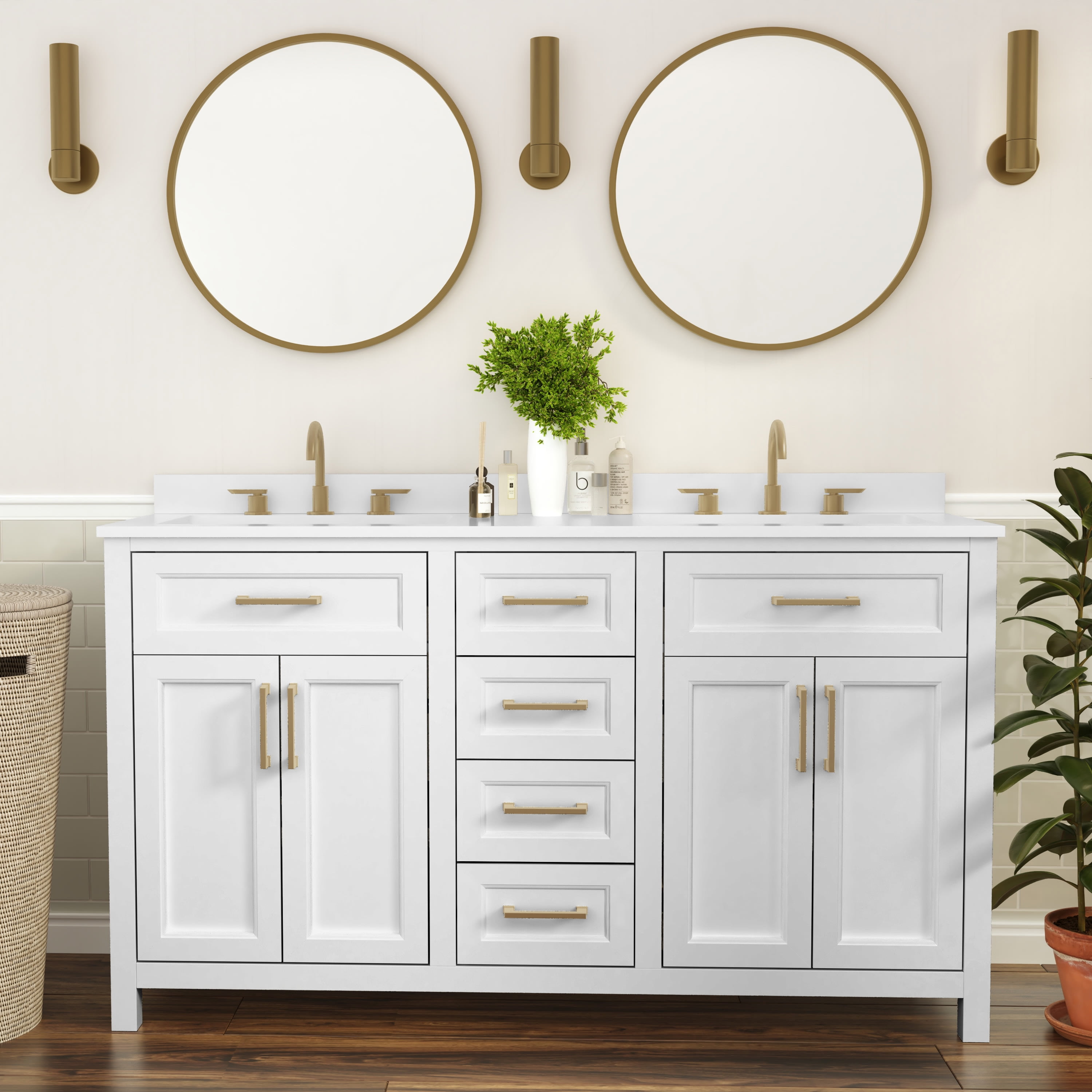 White Double Bathroom Vanity with Gold Hardware and Marble Top