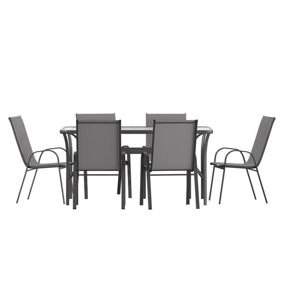 Flash Furniture 7 Piece Commercial Grade Patio Dining Set with Tempered Glass Patio Table and 6 Chairs with Gray Flex Comfort Material Seats and Backs