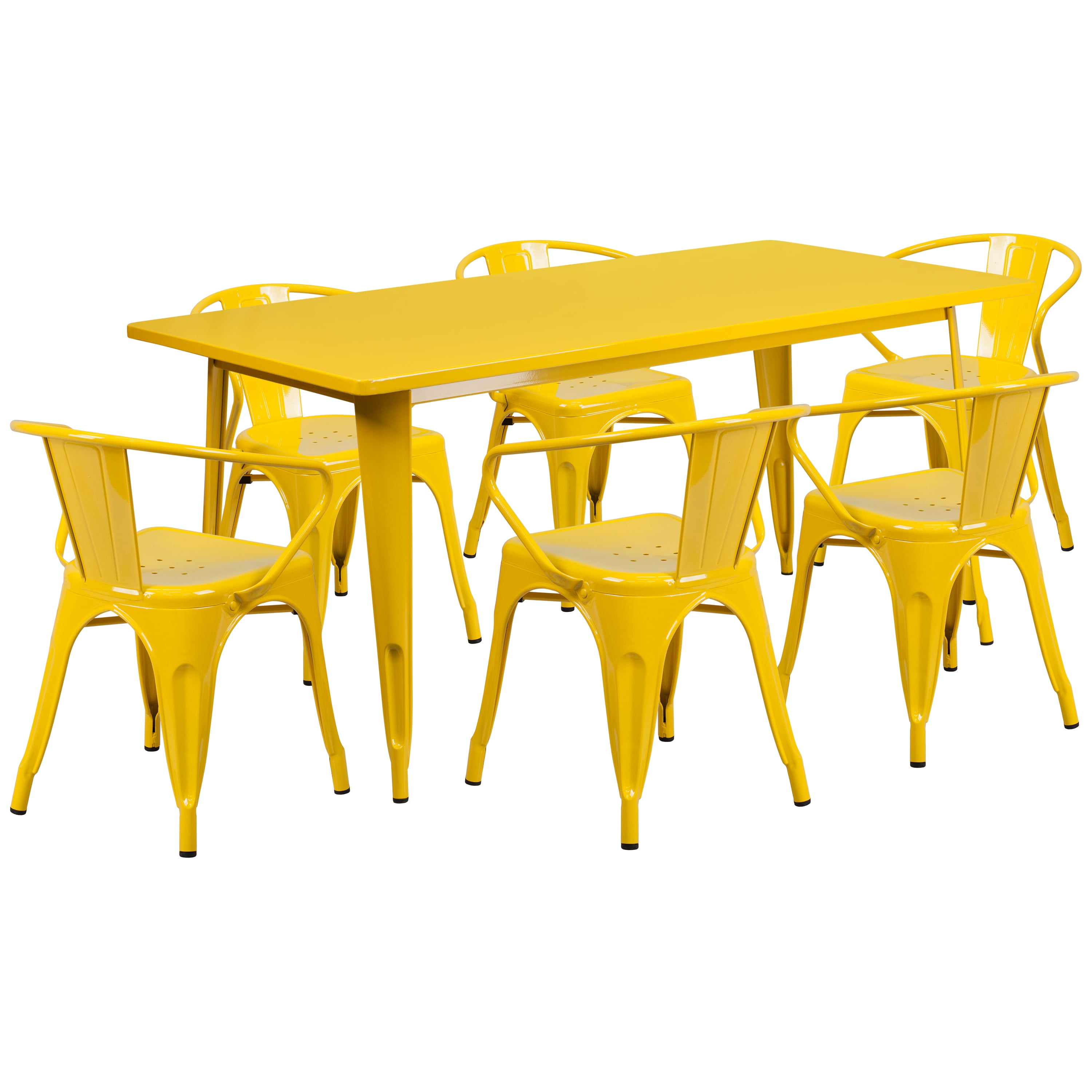 Yellow Steel Rectangular Indoor-Outdoor Dining Table Set with 6 Arm Chairs