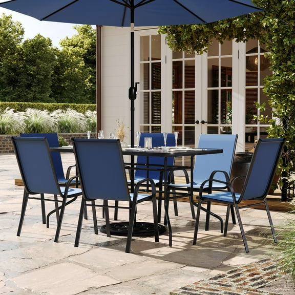 Flash Furniture 7 Piece Outdoor Patio Dining Set - 55" Tempered Glass Patio Table with Umbrella Hole, 6 Navy Flex Comfort Stack Chairs