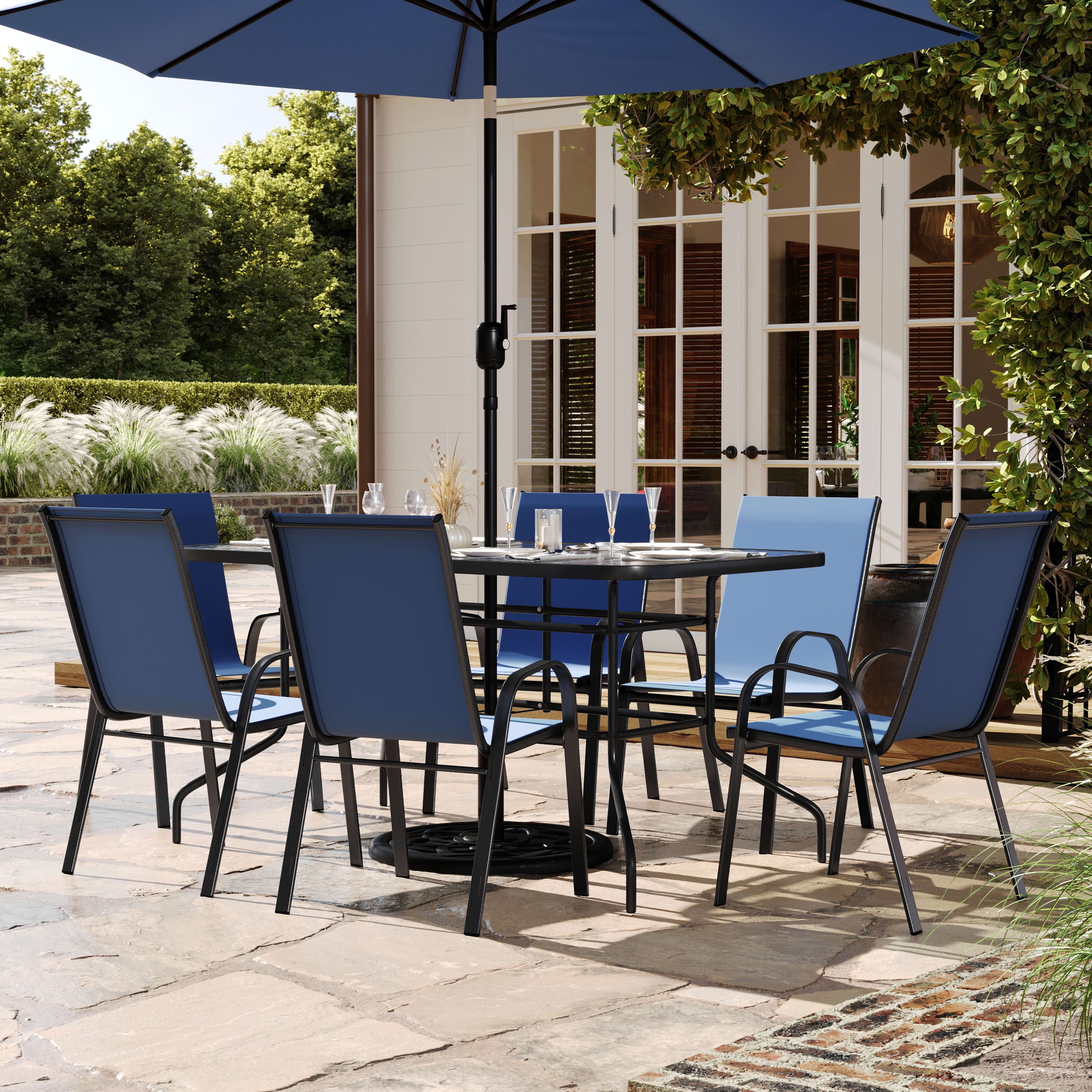 Navy and Black 6-Person Outdoor Dining Set with Glass Table