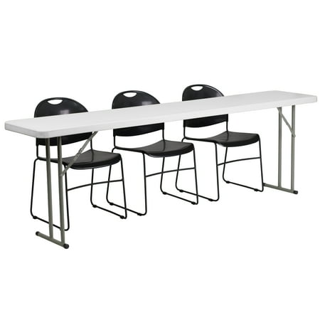 96" White and Black Contemporary Rectangular Folding Training Table with Stack Chairs