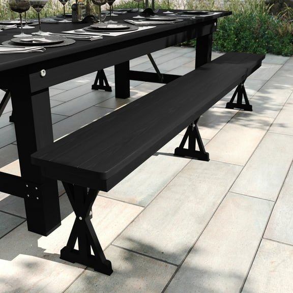 Flash Furniture 8' x 12'' Black Wash Commercial Antique Solid Pine Farmhouse Folding Bench with Foldable Locking X-Legs