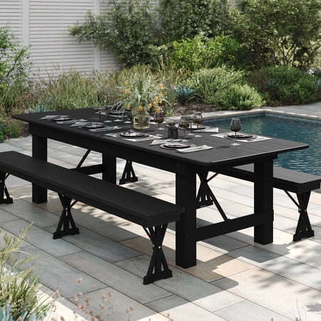 Flash Furniture 9' x 40" Rectangular Black Wash Commercial Farmhouse Folding Table, Antique Rustic Solid Pine Dining Room Table with Foldable Locking Legs