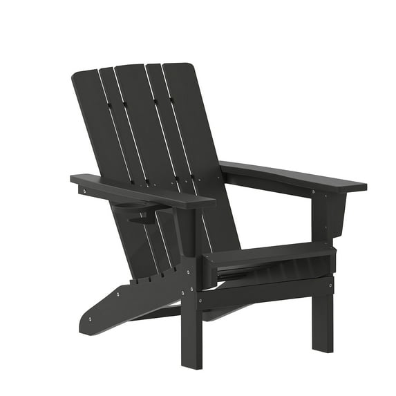 Flash Furniture Adirondack Chair with Cup Holder, Weather Resistant HDPE Adirondack Chair in Black