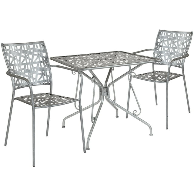 Flash Furniture Agostina Series 31.5" Square Antique Silver Indoor-Outdoor Steel Patio Table with 2 Stack Chairs