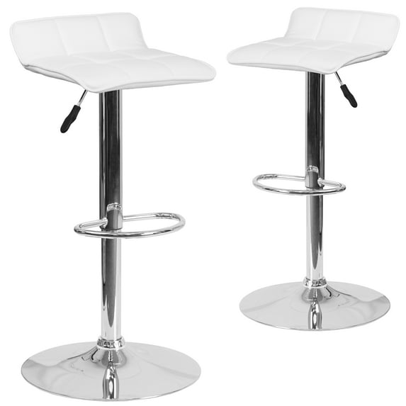 Flash Furniture Alice 2 Pack Contemporary White Vinyl Adjustable Height Barstool with Quilted Wave Seat and Chrome Base