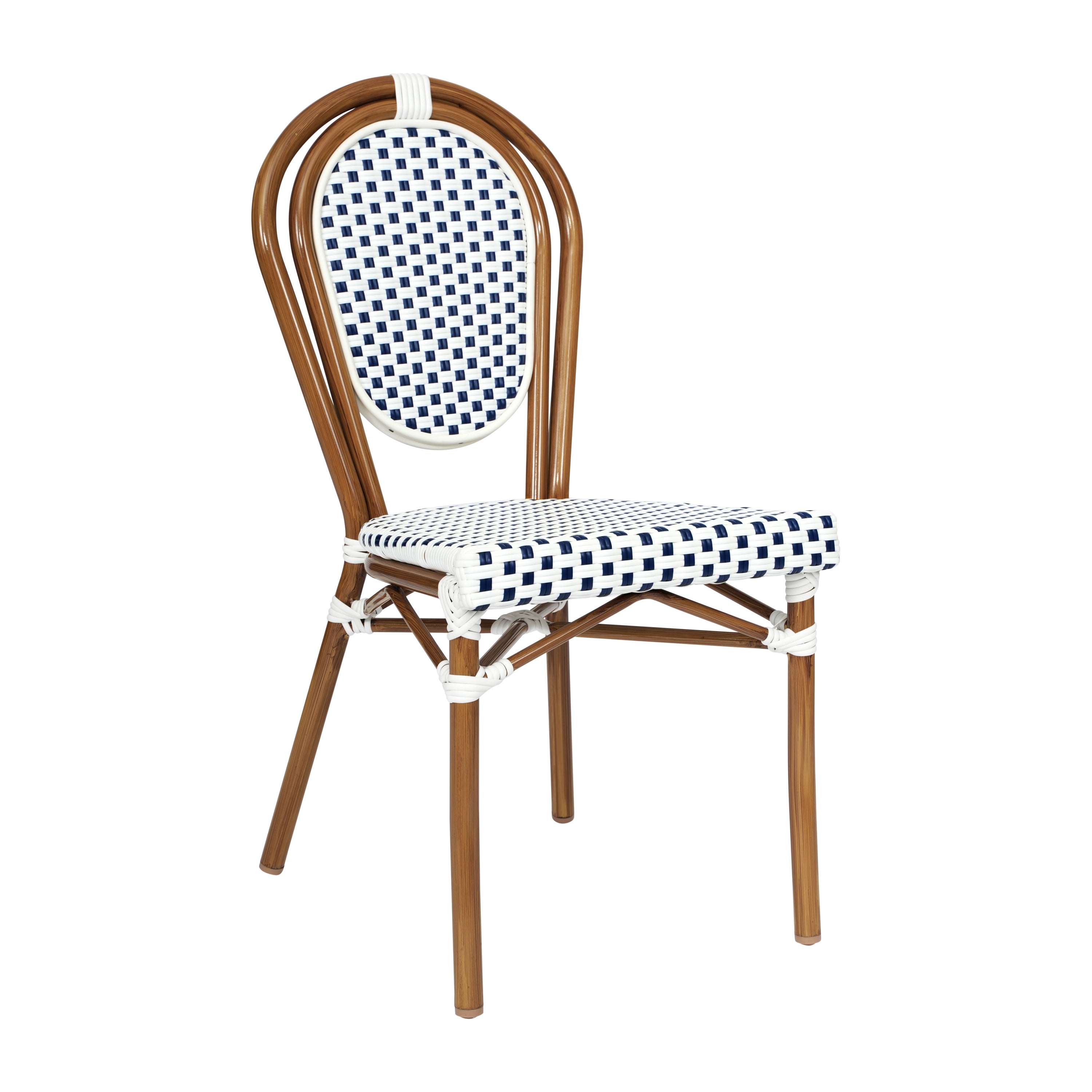 White and Navy Rattan Bistro Chair with Aluminum Frame