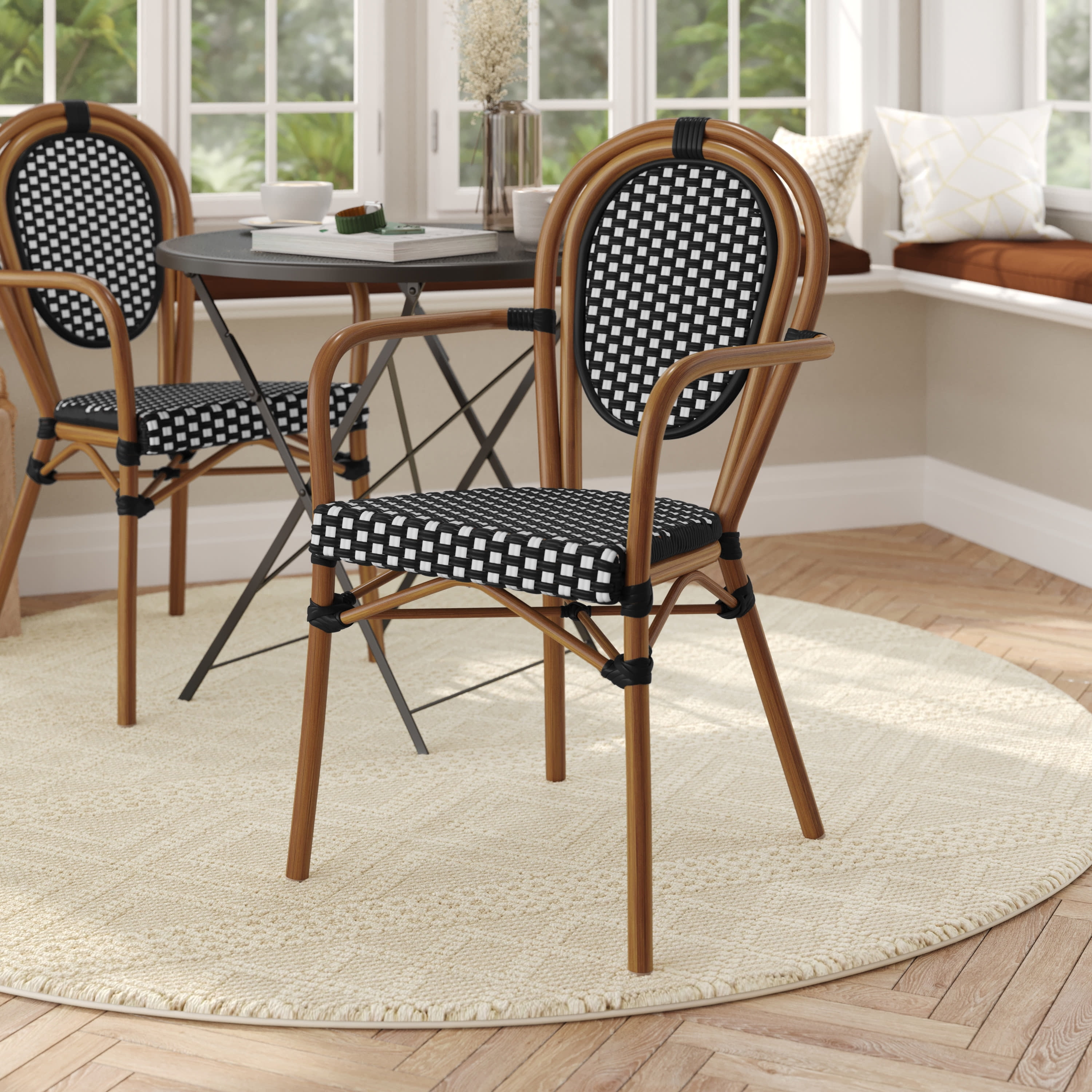 Black and White Wicker Rattan Bistro Dining Chair with Brown Frame