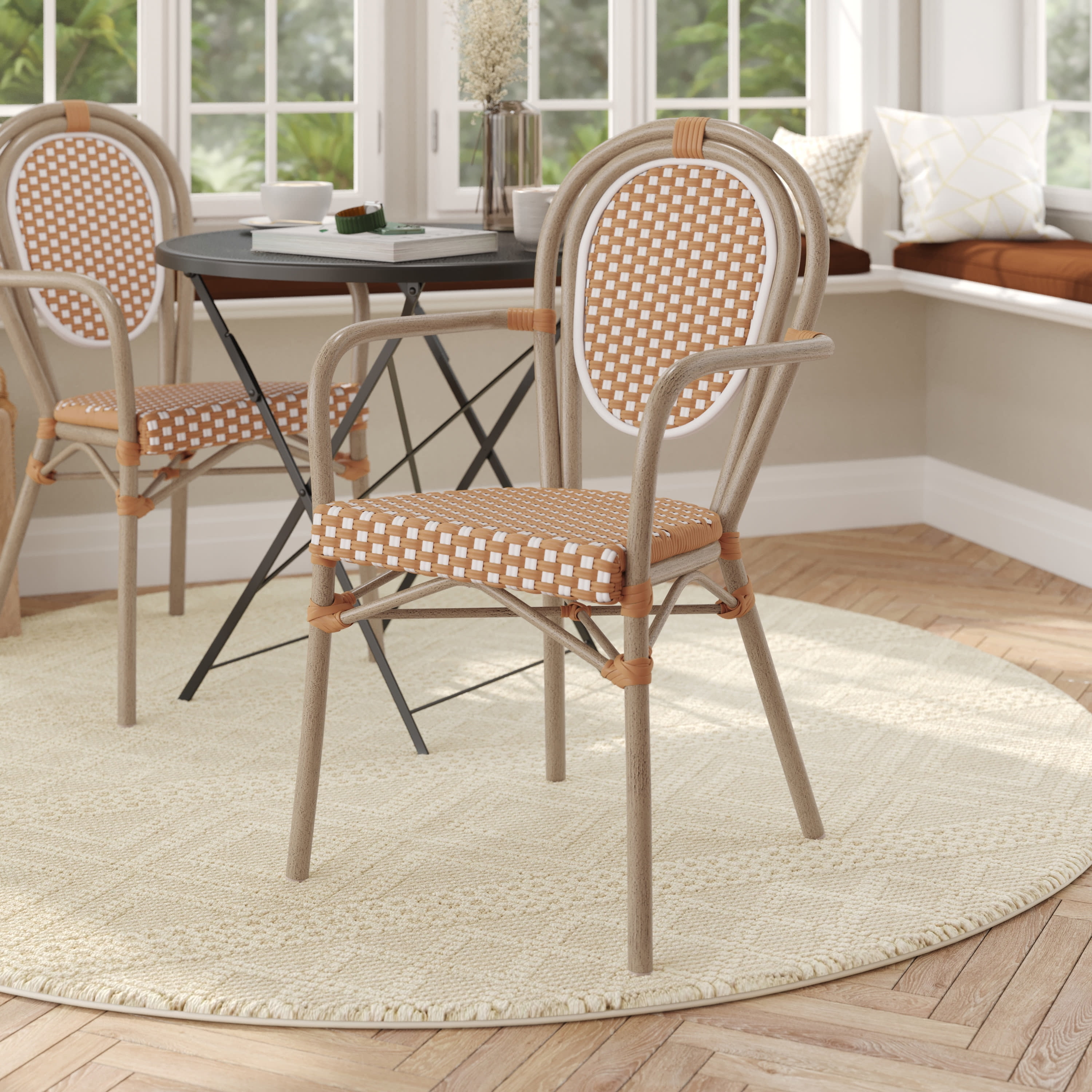 Natural & White Wicker Rattan Outdoor Bistro Chair with Arms