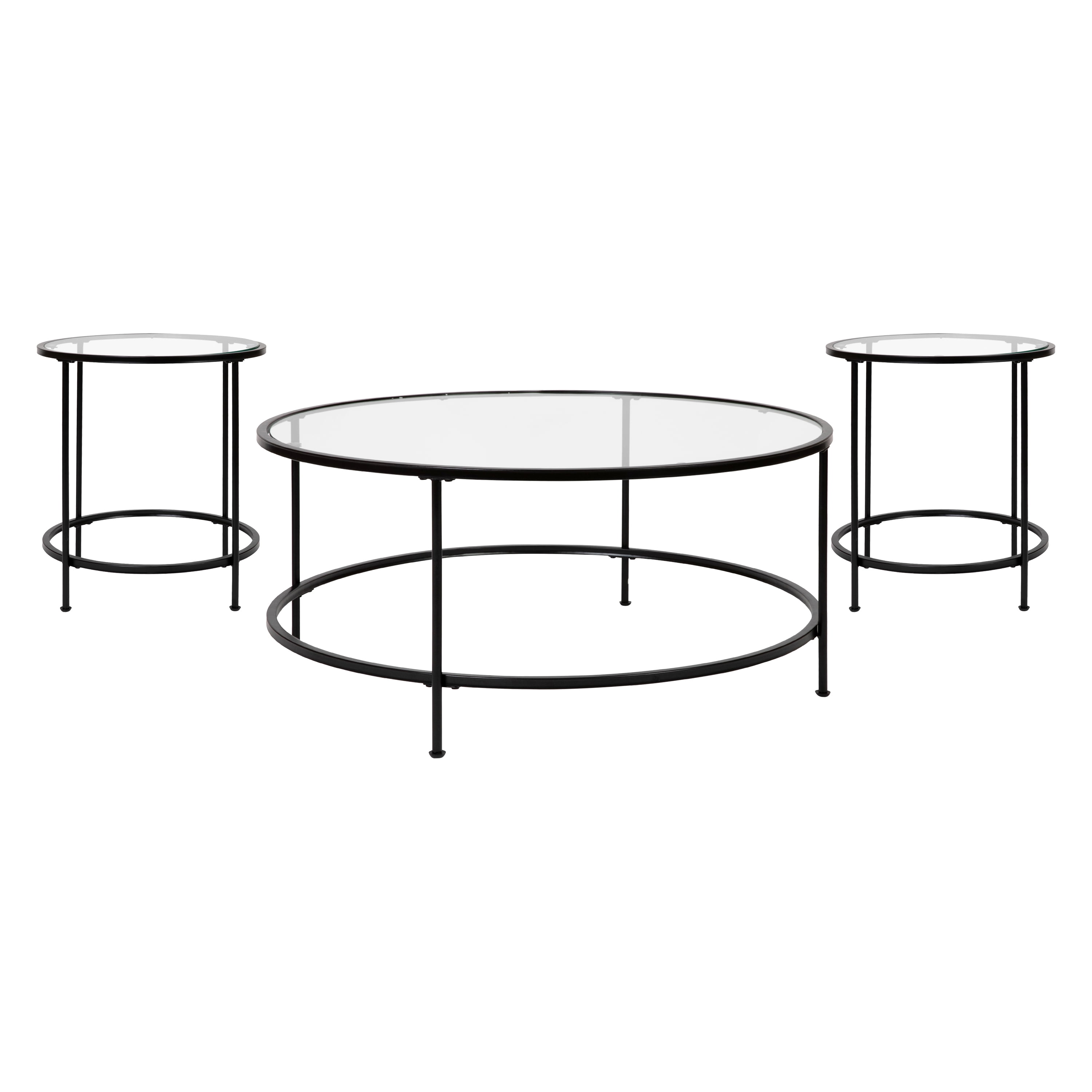 Clear Glass Top and Matte Black Frame 3-Piece Coffee and End Table Set