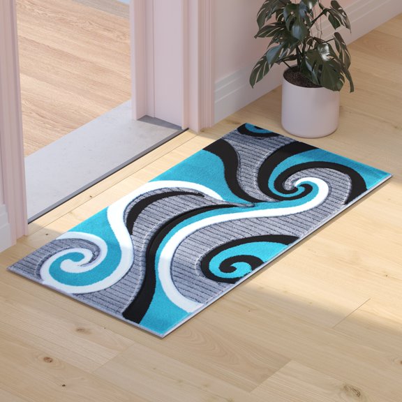 Flash Furniture Athos Rectangular Contemporary White, Black, Grey, Turquoise Area Rug, 2' x 3'