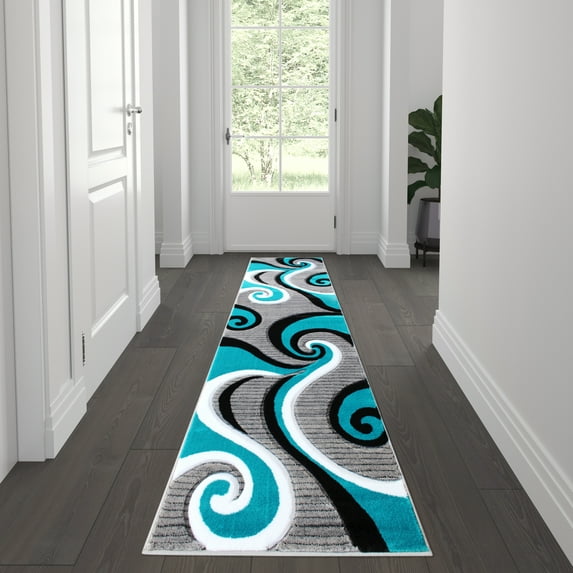 Flash Furniture Athos Rectangular Contemporary White, Black, Grey, Turquoise Area Rug, 2' x 7'