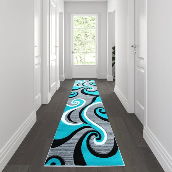 Flash Furniture Athos Rectangular Contemporary White, Black, Grey, Turquoise Area Rug, 3' x 10'