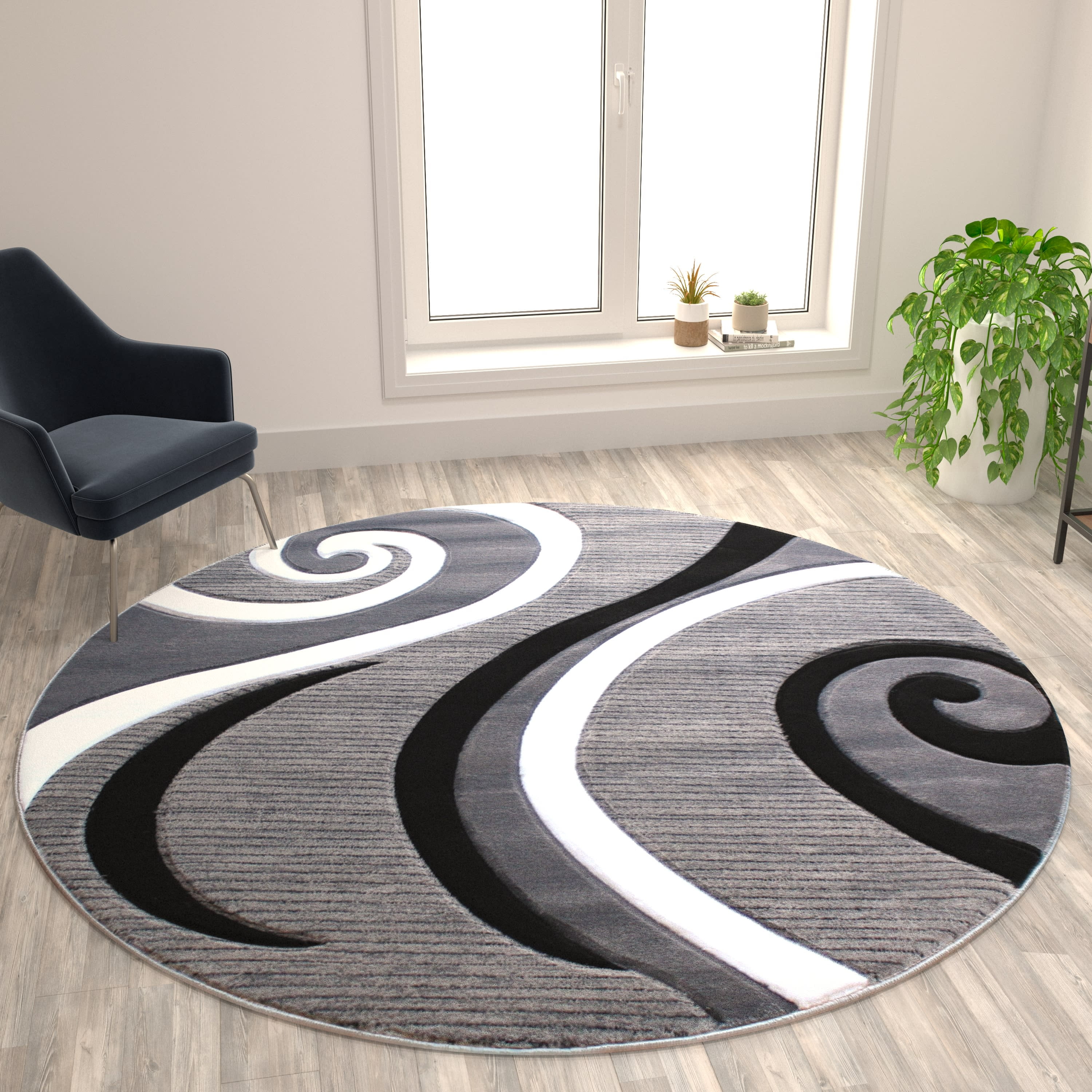 Flash Furniture Athos Round Contemporary Black, White, Grey Area Rug, 8 ...