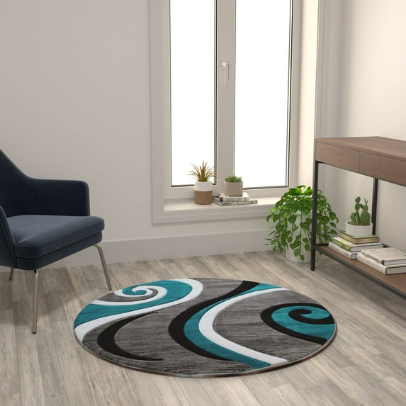 Flash Furniture Athos Round Contemporary White, Black, Grey, Turquoise Area Rug, 4' x 4'