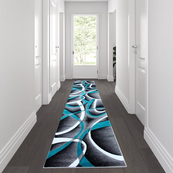 Flash Furniture Atlan Rectangular Contemporary White, Black, Grey, Turquoise Area Rug, 3' x 10'