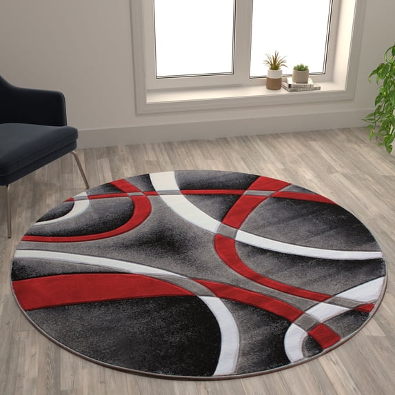 Flash Furniture Atlan Round Contemporary Black, White, Grey, Red Area Rug, 5' x 5'