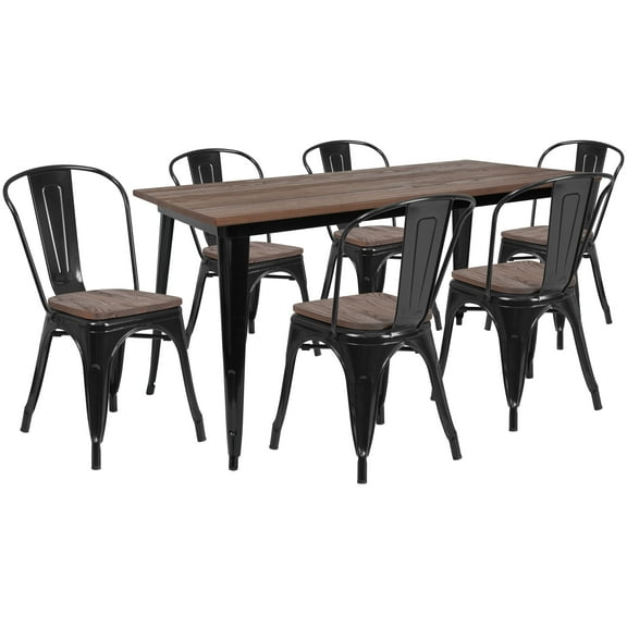 Flash Furniture Bailey 30.25" x 60" Black Metal Table Set with Wood Top and 6 Stack Chairs