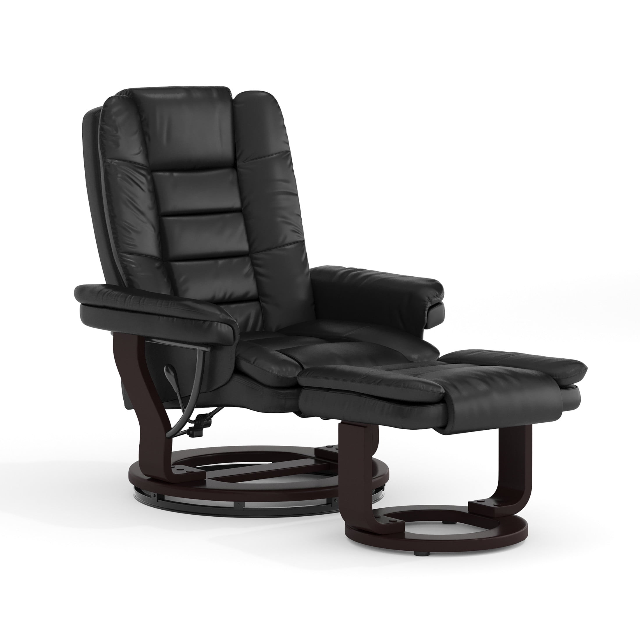 Black Faux Leather Swivel Recliner with Wood Base