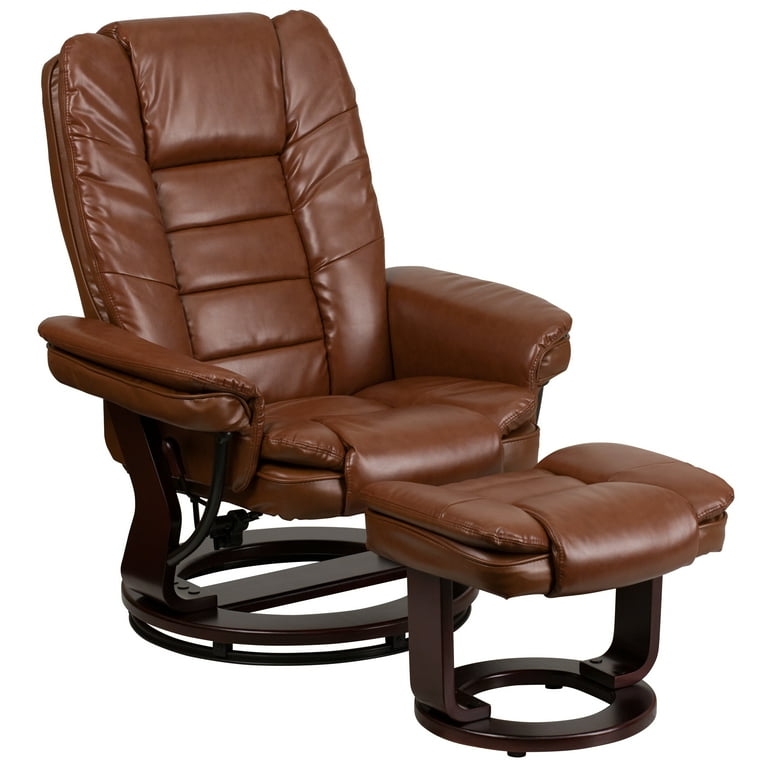 Flash Furniture Bali Contemporary Multi Position Recliner with Horizontal Stitching and Ottoman with Swivel Mahogany Wood Base in Brown Vintage