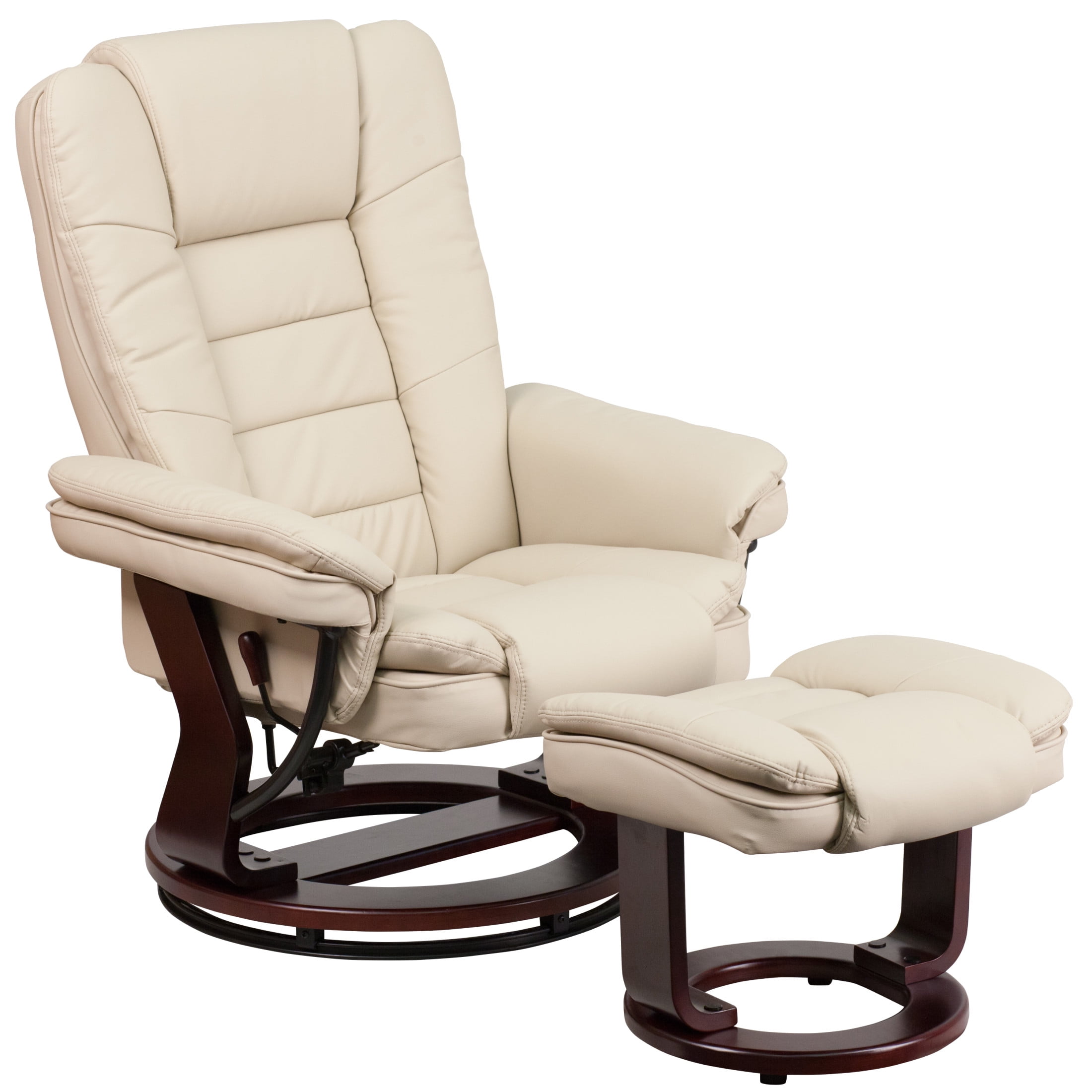 Beige Leather Swivel Recliner with Ottoman and Mahogany Wood Base