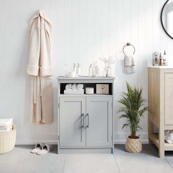 Flash Furniture Bathroom Storage Cabinet Organizer with Two Magnetic Closure Doors, In-Cabinet Adjustable Shelf, and Upper Open Shelf in Gray