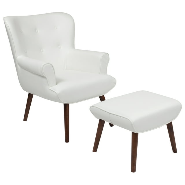 Flash Furniture Bayton Upholstered Wingback Chair with Ottoman in White LeatherSoft