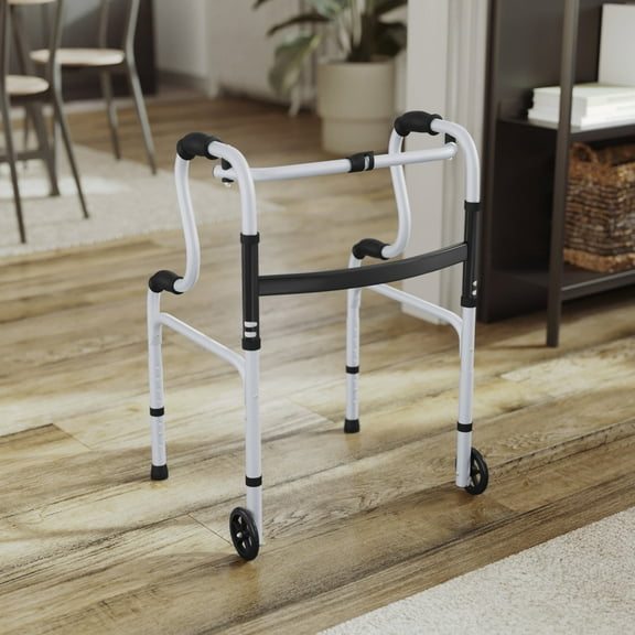 Flash Furniture Bi-Level Folding Walker with Adjustable Height, Interchangeable Wheels or Feet, Dual Frame Types, and Lightweight Design in Gray