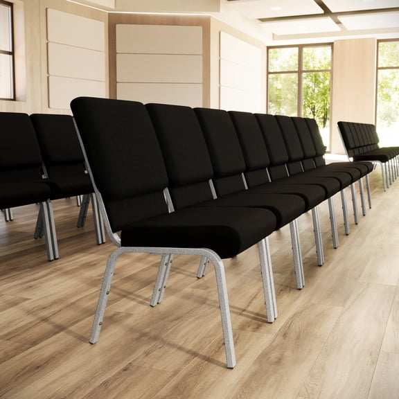 Flash Furniture 4 Pack 18.5''W Stacking Church Chair in Black Fabric - Silver Vein Frame