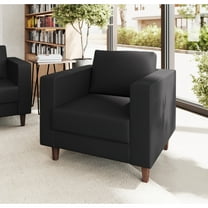 Flash Furniture Black LeatherSoft Reception Chair with 2 AC Outlets/1 USB/1 USB-C Ports and Solid Wood Walnut Legs with Adjustable Floor Glides