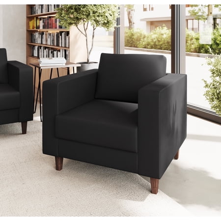 Flash Furniture Black LeatherSoft Reception Chair with 2 AC Outlets/1 USB/1 USB-C Ports and Solid Wood Walnut Legs with Adjustable Floor Glides
