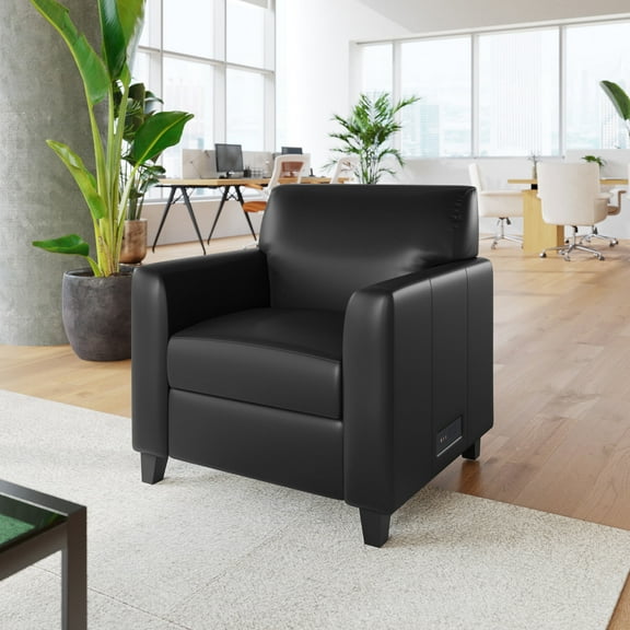 Flash Furniture Black LeatherSoft Reception Chair with Right Side Charging Bank, Includes 2 Outlets, 2USB Ports, 1 USB-C Port, Solid Wood Legs