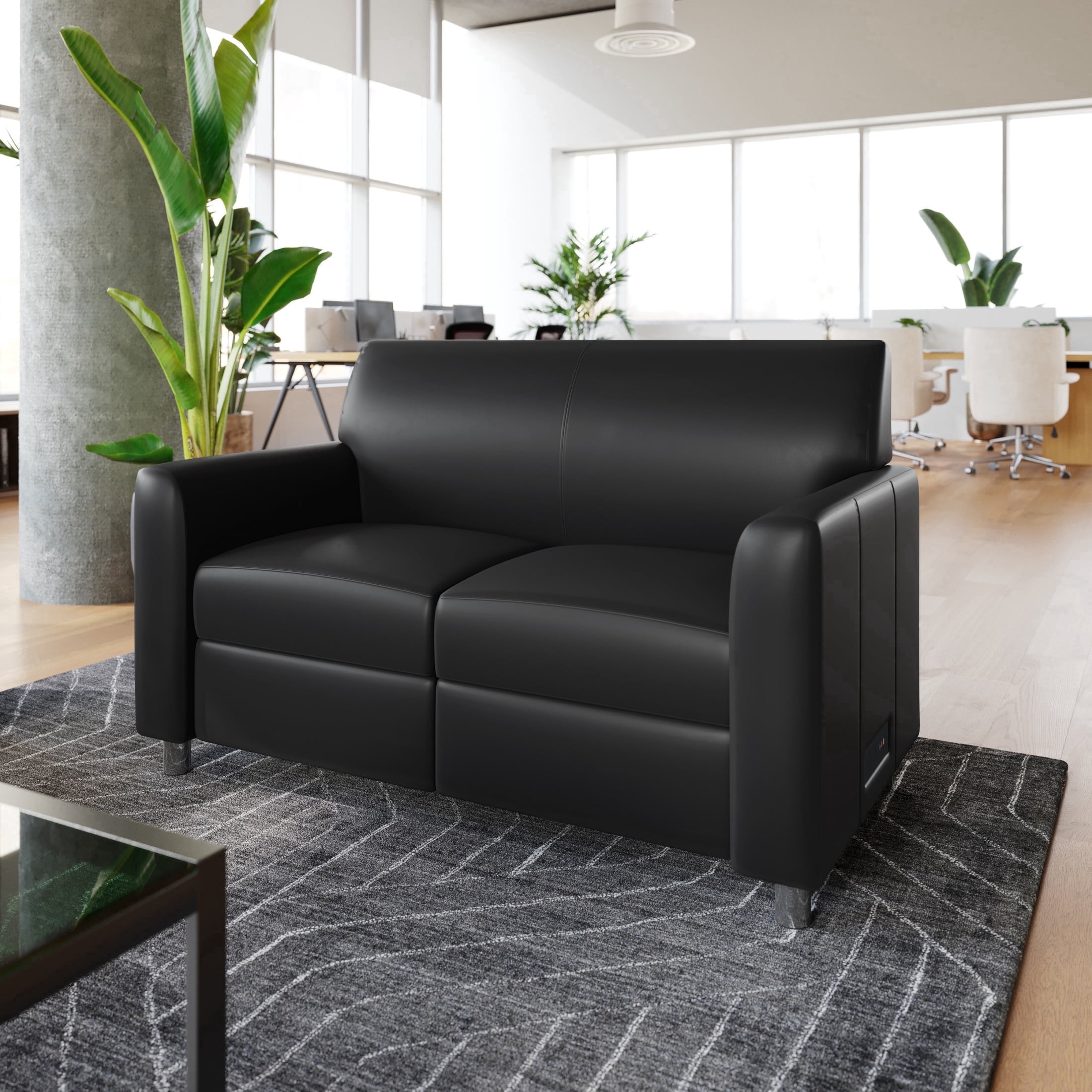 Flash Furniture Black LeatherSoft Reception Loveseat with Right Side Charging Bank, Includes 2 Outlets, 2USB Ports, 1 USB-C Port, Chrome Legs