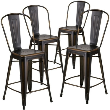 Flash Furniture Blake Commercial Grade 4 Pack 24" High Distressed Copper Metal Indoor-Outdoor Counter Height Stool with Back