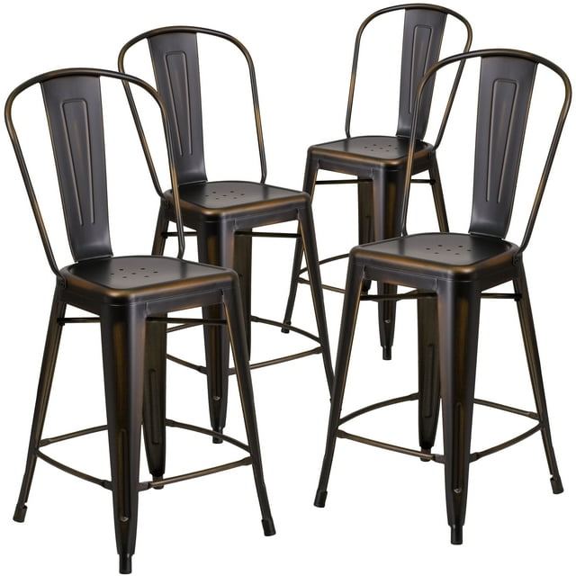 Flash Furniture Blake Commercial Grade 4 Pack 24" High Distressed Copper Metal Indoor-Outdoor Counter Height Stool with Back