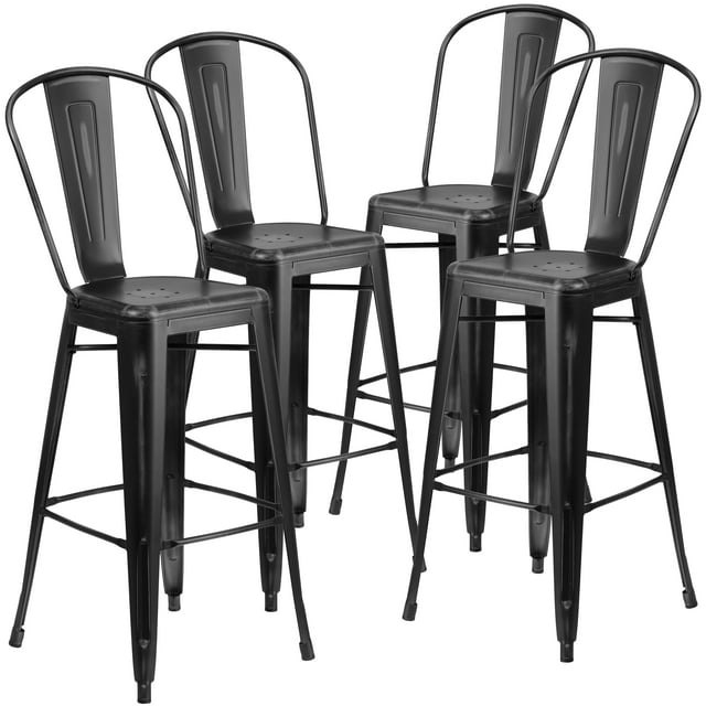 Flash Furniture Blake Commercial Grade 4 Pack 30" High Distressed Black Metal Indoor-Outdoor Barstool with Back
