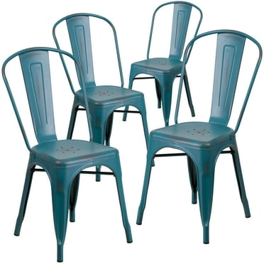 Flash Furniture Blake Commercial Grade 4 Pack Distressed Kelly Blue-Teal Metal Indoor-Outdoor Stackable Chair