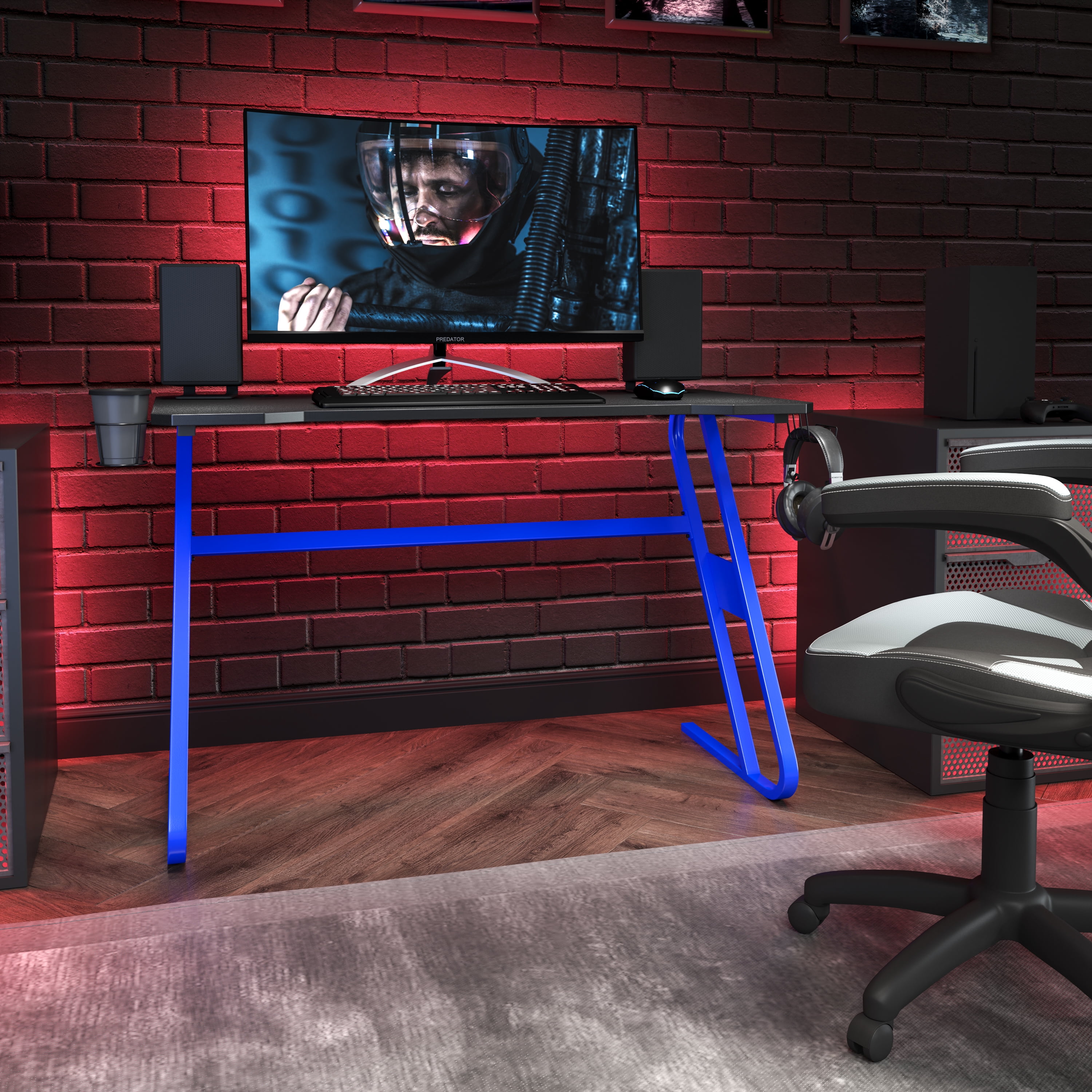 Sleek Blue and Black Ergonomic Gaming Desk with Cup Holder and Headphone Hook