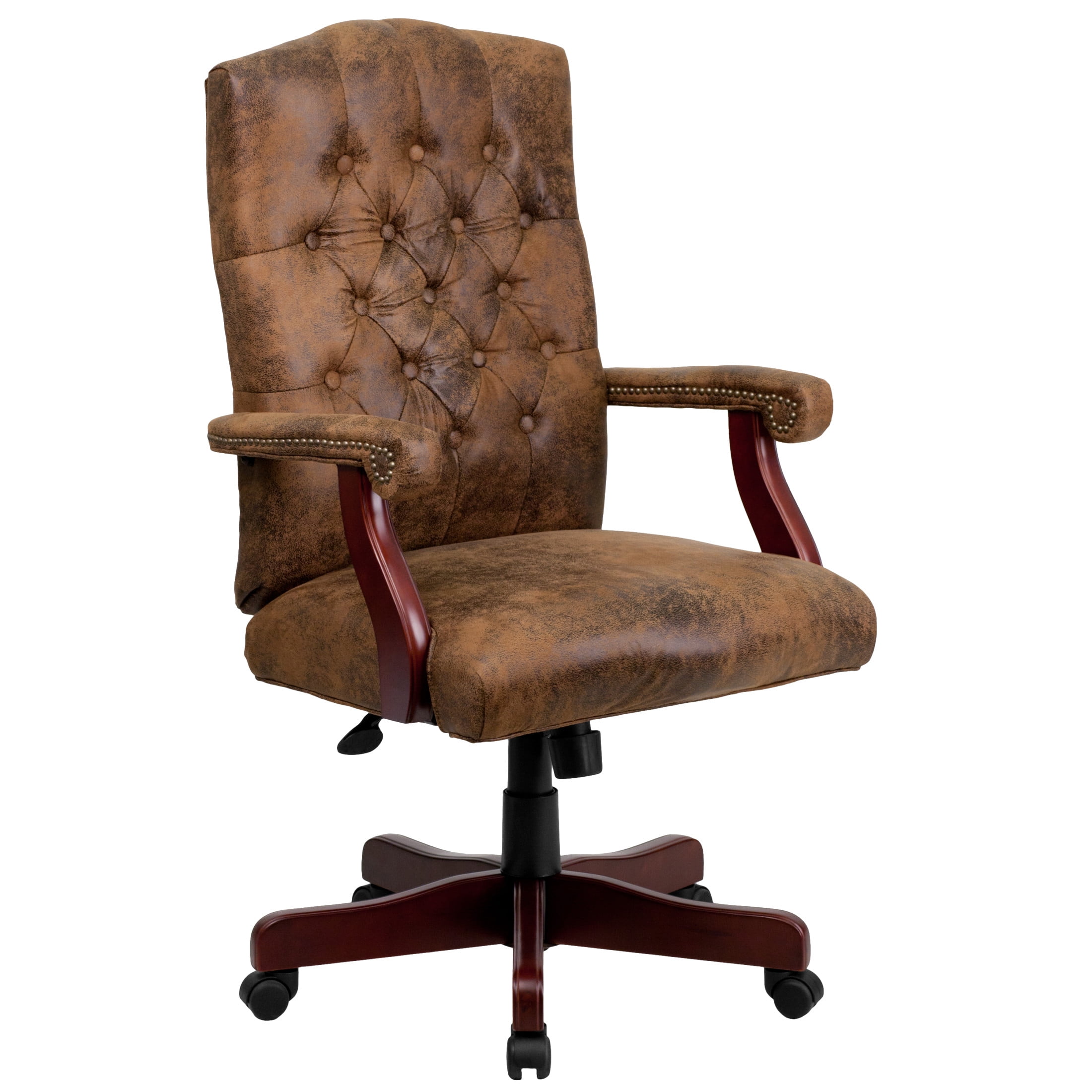 Rustic Brown Leather Executive Swivel Office Chair with Arms