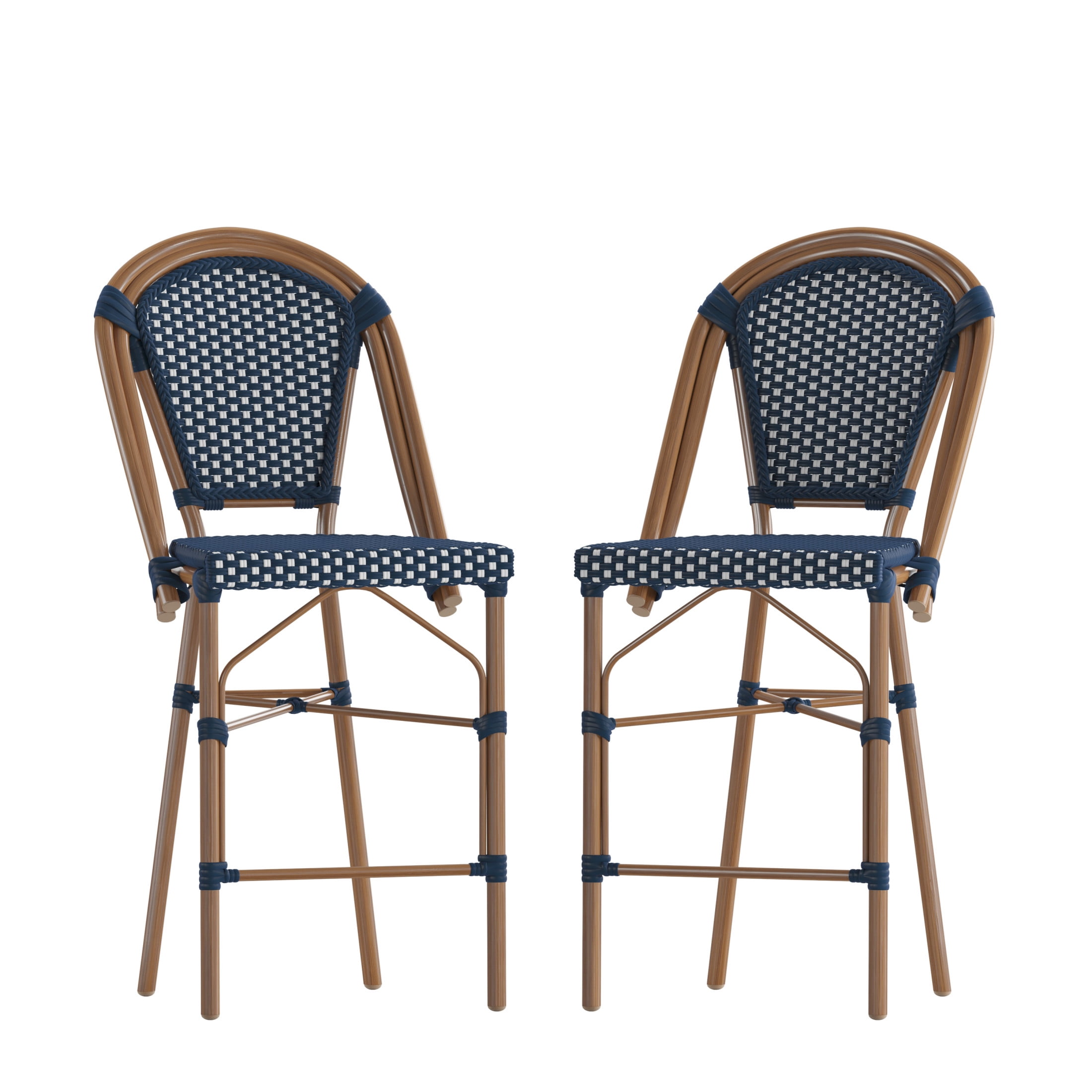 Navy and White PE Rattan Bistro Counter Stools with Bamboo Finish